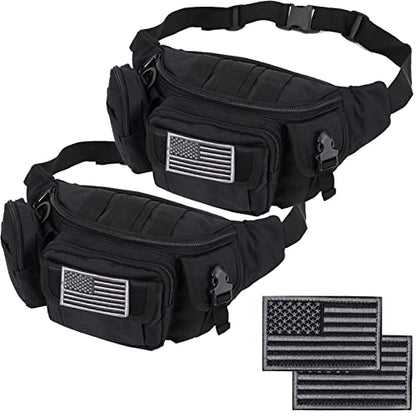 Tactical Fanny Packs, Military Waist Bag Utility Hip Belt Bags for Hiking Climbing Fishing Cycling Hunting with U.S Patch (Black+Black) - color: 2 Pack Black+Black