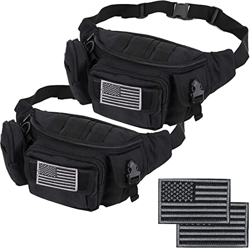 Tactical Fanny Packs, Military Waist Bag Utility Hip Belt Bags for Hiking Climbing Fishing Cycling Hunting with U.S Patch (Black+Black) - color: 2 Pack Black+Black