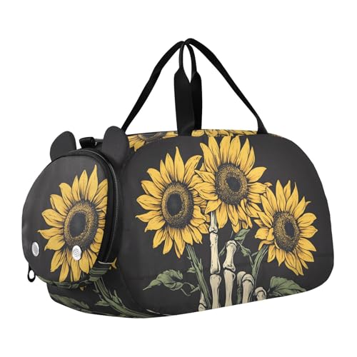 Kids Sports Duffel Bag for Boys & Girls - Skull Hand Skeleton Sunflower 100% Polyester Gym Bag with Separate Shoe Compartment, Adjustable Shoulder Strap, Compact Travel & Workout Gear - color: Skull Hand Skeleton Sunflower