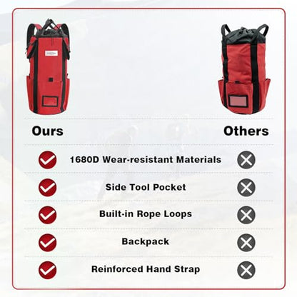 AOLEBA Arborist Rope Storage Bag Tree Climbing Rock Rope Bucket Backpack Rope Storage Bag Large Capacity 1680D Thicken Nylon Material with Hand Straps, Side Pockets - color: Red