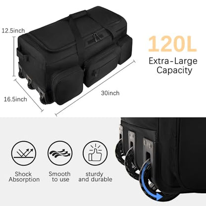 120L 3 Wheel Tactical Rolling Duffle Bag, Heavy Duty Military Deployment Luggage, 900D Waterproof Duffel for Camping Travel Outdoor Sports - color: Black