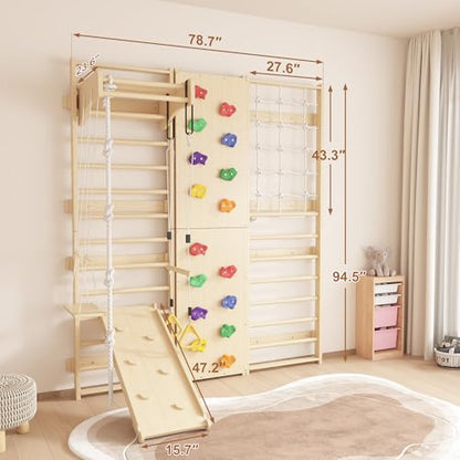 Cofiyard 9-in-1 Swedish Ladder Wall Gym & Climber, 94.5'' Wooden Wall-Mounted Climbing Set with Double-Sided Slide, Swing, Rope, Rings, Monkey Bars, Kids Indoor Playset, Wooden Climbing Jungle Gym