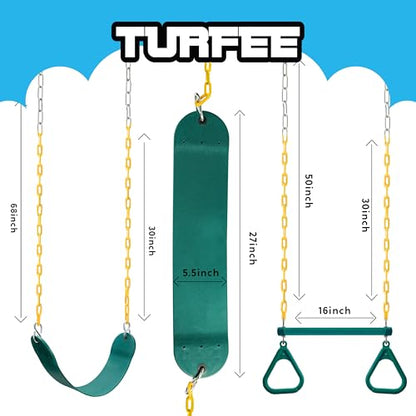 TURFEE 3 Pack Assorted Swing Set, Including 1 Gym Rings Trapeze Bar and 2 Pcs Swings with Plastic Coated Chain, Swingset Accessories Replacement for Kids Outdoor Play, Playground- Green - style: Swing set+1 Gym rings