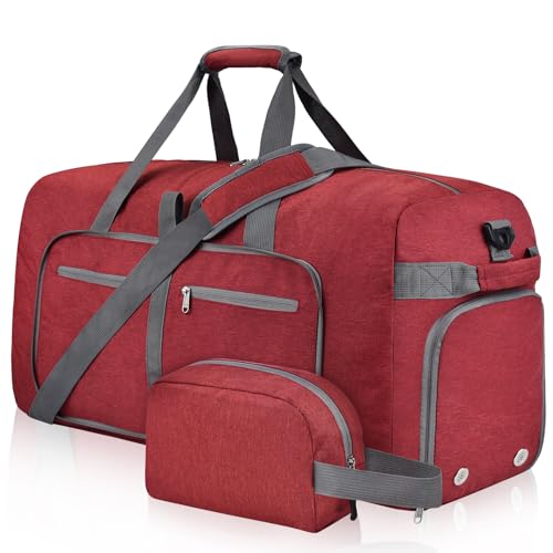Felipe Varela Foldable Duffle Bag for Travel, Weekend, Overnight, Gym | Lightweight, Waterproof Travel Duffel Sports Bag with Shoes Compartment for Men Women, Bonus Toiletry Bag Included - color: F Red, size: 85L