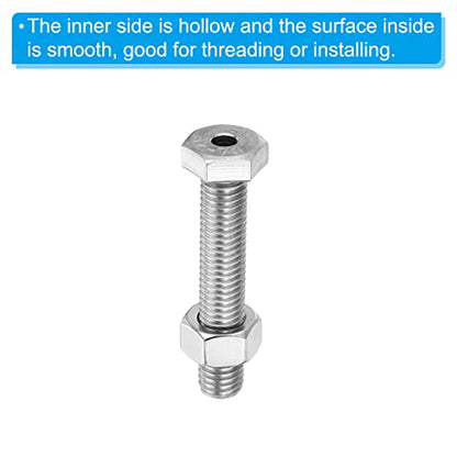 PATIKIL M10x55mm Hollow External Hexagon Screw, 2 Set Cylindrical Lamp Threading Socket Screws Through Hole Bolt with Nut 304 Stainless Steel - size: 55mm