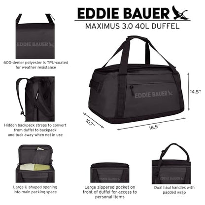 Eddie Bauer Maximus Duffel Bag 40L and 70L | Hiking | Outdoor | Travel | Lightweight | Weather-Resistant | Durable | Rugged - color: Black, size: 40L