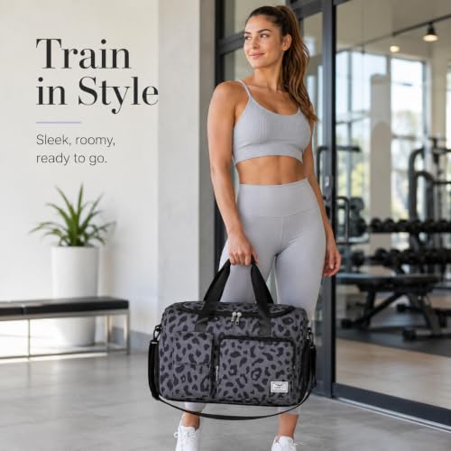 FIORETTO Women's Gym Duffle Bag with Shoes Compartment, 30L Capacity, Ideal for Travel, Gym, Sports, Duffel, Weekender - color: Leopard Grey, style: Gym Bag