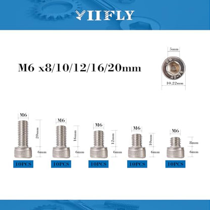 M6-1.0 Socket Head Cap Screws - 8/10/12/16/20mm Length Kit, 304 Stainless Steel (A2-70), Allen Drive,Bright Finish, Fully Threaded, 50-Piece Set - size: M6-8-20mm（50pcs）