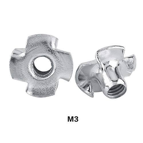 FLEXMAN Four Pronged T Nuts, Zinc Plated Carbon Steel Tee Nut 4 Claw Nut Assortment Kit for Rock Climbing Holds, Furniture, Cabinetry, Woodworking, Silver (M3 (50 Pieces/Package)) - size: M3 (50 pieces/package)