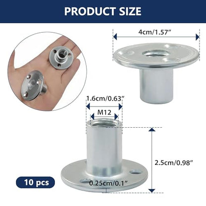 10 Pcs M12 x 40mm (Base) x 25mm (Height) T-Nuts, Zinc Plated Carbon Steel Brad Hole Tee Nut, Heavy Duty Round Base Screw-in T-Nuts for Wood Furniture, Cabinetry & Bed Legs Mounting - size: M12x40x2.5mm
