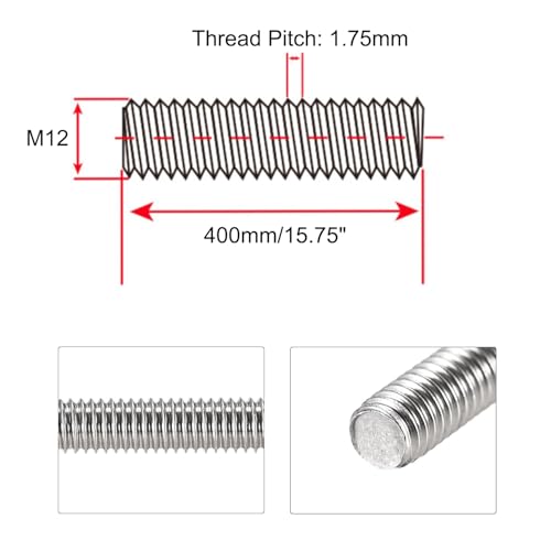 Fully Threaded Rod M12 x 400mm 1.75mm Thread Pitch, 304 Stainless Steel Right Hand Threaded Rods Bar Studs for Furniture Machinery Assembly 【with Nuts】 - size: M12 x 400mm