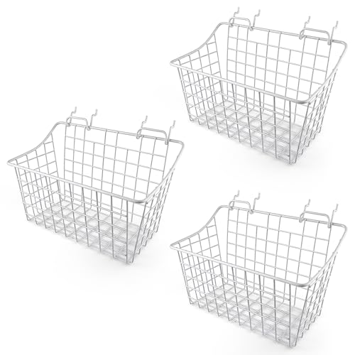 Pegboard Baskets With Hooks, 3 Pack Peg Board Wall Organizer Set (White) | Fit 1/8" 1/4" Pegboard Panels, Rust-Resistant Hanging Storage Baskets, Pegboard Accessories for Garage Tool Shed Workbench - color: White