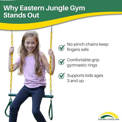 Eastern Jungle Gym Heavy-Duty Ring Trapeze Bar Combo | Large 20" Trapeze Swing Bar with Triangular Gymnastic Rings and Pinch-Free Coated Swing Chains 43" Long
