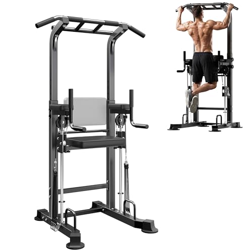 SogesPower Power Tower Multi-Function Pull Up Bar Station for Home Gym | 10-Level Height& 5-Level Armrest Adjustable,2-IN-1 Assisted Pad,Pull Up Dip Station Strength Training Workout Equipment - color: Black