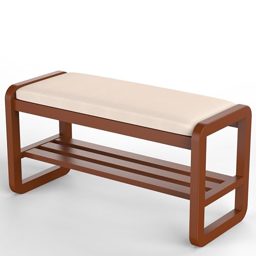 Solid Wood Shoe Rack, 2 Tier Shoe Storage Bench with Cushion Seat, 10 Pair Shoe Organizer for Entryway, Cherrywood, 39 Inch - color: Cherrywood, size: 39.37*14.17*16.54