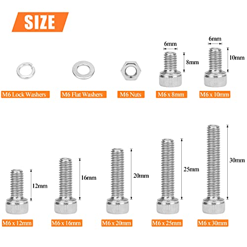HELIFOUNER 128 Pieces M6 x 8mm /10mm /12mm /16mm /20mm /25mm /30mm, Hex Socket Head Cap Screws Bolts Washers Nuts Kit, 304 Stainless Steel - size: M6, style: Hex Socket Head Cap