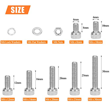 HELIFOUNER 128 Pieces M6 x 8mm /10mm /12mm /16mm /20mm /25mm /30mm, Hex Socket Head Cap Screws Bolts Washers Nuts Kit, 304 Stainless Steel - size: M6, style: Hex Socket Head Cap