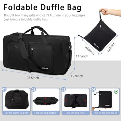 65L Foldable Duffle Bag with Shoe Compartment - Large Travel Duffel Bag for Men & Women, Packable Weekend Bag with Trolley Sleeve, Water-Resistant & Lightweight Gym Bag for Travel, Sports (Black) - color: Black