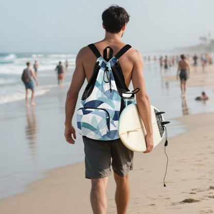 Drawstring Climbing Gym Bag With Inside Pockets Drawstring Beach Bags with Wet Dry Compartments Sea Anhor Geometric Style