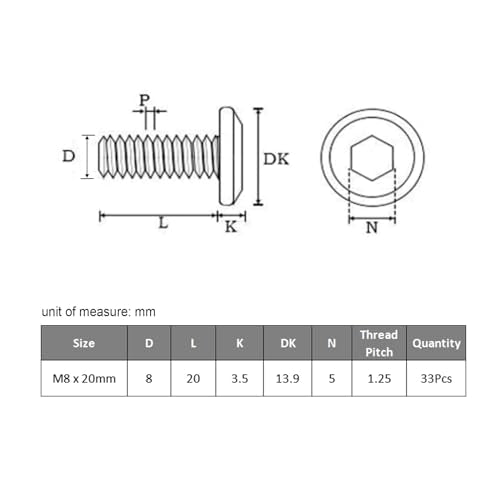 VGBUY M8-1.25 x 20 mm 33pcs Flat Head Hex Socket Cap Screws Metric M8 Bolts, 304 Stainless Steel 18-8, Black Zinc Plated, Full Thread, with Hex Spanner - size: M8 x 20mm(33pcs)