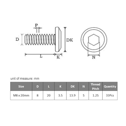 VGBUY M8-1.25 x 20 mm 33pcs Flat Head Hex Socket Cap Screws Metric M8 Bolts, 304 Stainless Steel 18-8, Black Zinc Plated, Full Thread, with Hex Spanner - size: M8 x 20mm(33pcs)