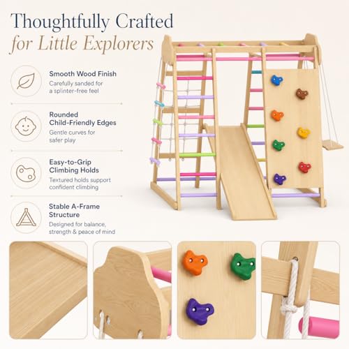 Indoor Playground Jungle Gym Playset, Wooden Pikler Montessori Climber with Slide, Swing, Rope Ladder, Monkey Bars, Climbing Net & Rock Wall, 9-in-1 Toddler Climbing Toy for Kids Indoor Playroom