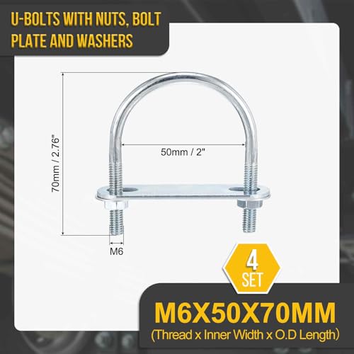 DTGN M6x50x70mm U Bolts Round Kit - 4Set - Carbon Steel U-Bolt Kit with Nuts, Washers, Frame Plate - Good for Pipe, Trailer, Automotive, Leaf Spring Fastener - size: M6x50x70mm