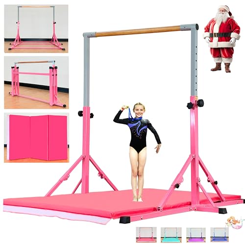 Marfula Gymnastic Bar For Kid and Teenage of 3-25, 5Ft/8 FT Base Length 4Ft Width 5Ft Adjust Height, Gymnastic Kip Bar For Gymnast, Gymnastic Training Equipment For Professional Training Home Club Use - color: Bar With Mat-Hot Pink(5 Ft Base)
