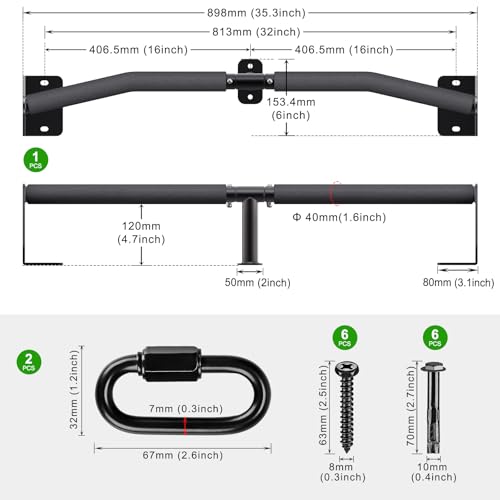SELEWARE Heavy Duty Wall Mount Pull Up Bar, Joist Mount Chin Up Bar for Doorway, Sturdy Steel Construction, w/Resistance Band Hooks, Fits 32"/36" Wall Studs for Home Gym Strength Training - size: B: 32" x 1.6" Dia Grip