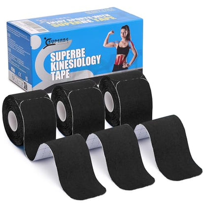 SUPERBE Precut Kinesiology Tape (3 Rolls Pack), Elastic Sports Tape for Pain Relief, Muscle Support, Recovery and Physio Therapy, Breathable, Waterproof (Black) - color: Black
