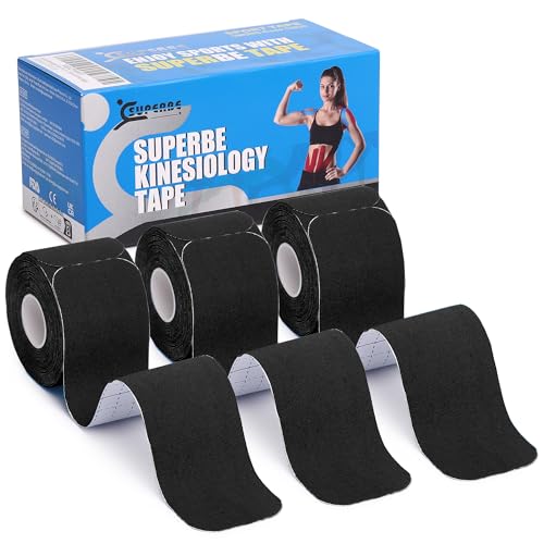 SUPERBE Precut Kinesiology Tape (3 Rolls Pack), Elastic Sports Tape for Pain Relief, Muscle Support, Recovery and Physio Therapy, Breathable, Waterproof (Black) - color: Black