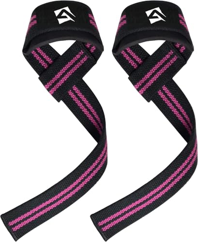 AQF Weight Lifting Straps, Padded Cotton Gym Wrist Straps for Deadlifts | 23" Extra-Long, Heavy-Duty Webbing, 5mm Neoprene Cushioning, Open-Loop Design, Sold as Pair, Ideal for Rows & Pull Workout - color: Black & Pink