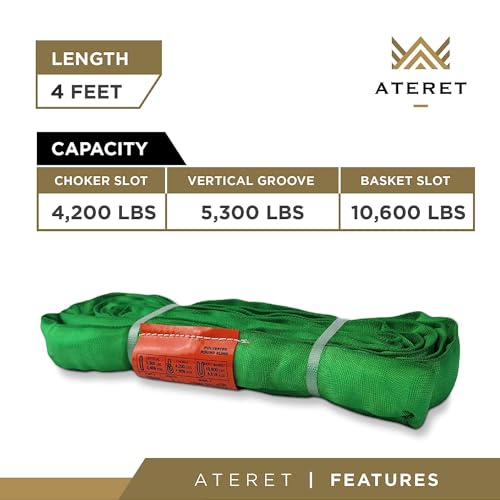 ATERET Powerlift Green Polyester Endless Round Sling - 4 Feet Length, 5,300 lb. Vertical Capacity, 10,600 lbs Basket - Heavy Duty Poly Lifting Sling - color: 02 Green - Vertical Capacity 5,300 lbs, size: 4FT