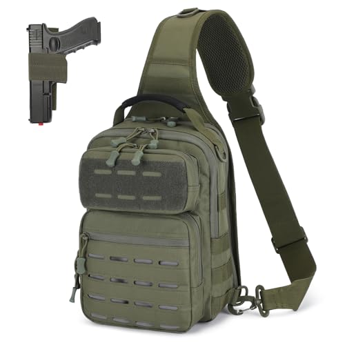 HUNTVP Sling Bag for Men Concealed Carry Bag Tactical Sling Bag Crossbody Molle CCW Chest Pack Backpack EDC Military Shoulder Bag with Holster & Accessory Slots, Army Green - color: Army Green