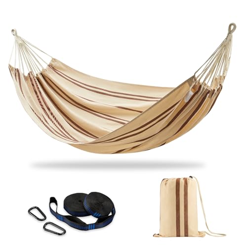 Brazilian Double Hammock with Tree Straps, Extra Large, 450 lbs Capacity | Soft Woven Cotton Fabric, 94.5 × 63 in, 2-Person Hammock with Carry Bag for Backyard, Patio, Outdoor, Beige Brown Stripe - color: Beige Brown Stripe, size: X-Large