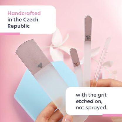 Bona Fide Beauty Czech Glass Gift Set: Foot File, Nail File, Cuticle Pusher | Rose color set: genuine Bohemian crystal glass set includes protective cases and sleeves. Reusable and easy to clean. - color: Rose Gold