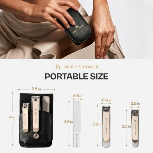 Beauty Power Nail Clippers Set 3 in 1 - Stainless Steel Toe Nail Clippers, Fingernail Clipper, Glass Nail File, Anti Splash, Ergonomic Grip in Black PU Leather Travel Case for Men - Father's Day - color: Black Case