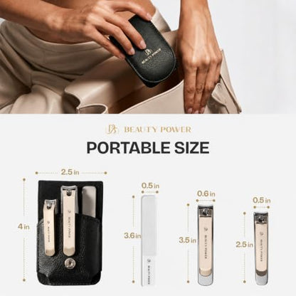 Beauty Power Nail Clippers Set 3 in 1 - Stainless Steel Toe Nail Clippers, Fingernail Clipper, Glass Nail File, Anti Splash, Ergonomic Grip in Black PU Leather Travel Case for Men - Father's Day - color: Black Case