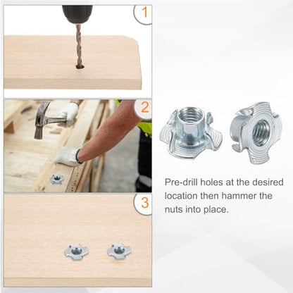 HARFINGTON M8x10mm T-Nuts 4 Pronged Tee Nut 0.83" x 0.39" Fully Thread Carbon Steel Inserts for Wood, Rock Climbing Holds, Cabinetry, Furniture 50pcs - size: M8x10mm