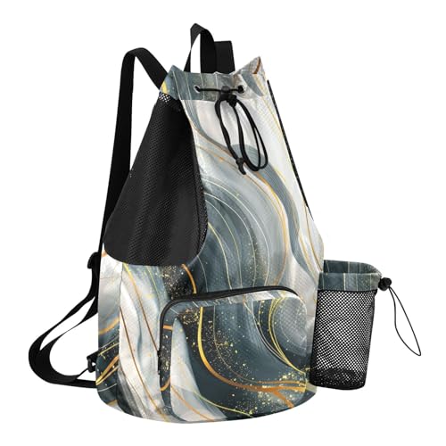 Drawstring Climbing Gym Bag With Water Bottle Holder Drawstring Backpack with Wet Dry Compartments Blue Golden Lines Marble