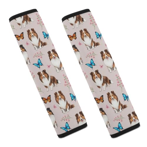 Soft Padded Car Seat Belt Pad for Child, Most Cars, 2 Piece Butterflies Pet Dog Puppy Shetland Sheepdog Seat Belt Cushion Comfortable Driving - color: Pattern 858
