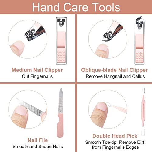 AOMIG Nail Clippers Set, 7 pcs Professional Portable Manicure Kit, Eyebrow Grooming Face Hair Clippers, Stainless Steel Nail Care Tools with Luxurious Leather Case for Travel & Home - color: Pink