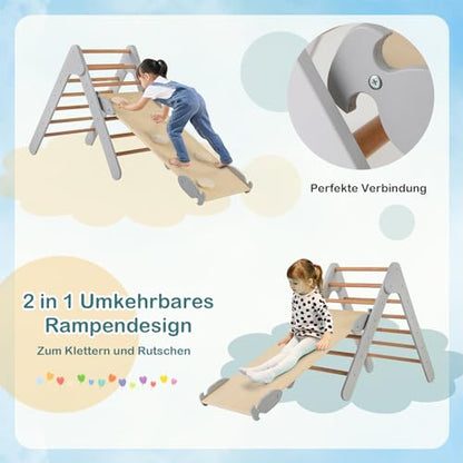 COSTWAY Climbing Triangle with Slide, Indoor Climbing Frame from 1 Year, Rung Triangle Climbing Ramp Made of Wood, for Climbing & Sliding (Grey)
