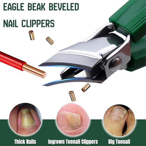 Eagle-Beak Slant Nail Clippers, 3-Piece Set with Wide Mouth to Prevent Splashing. These Angled Clippers Suit ingrown and Thick Nails, Ideal for Men, Women and The Elderly (Green)