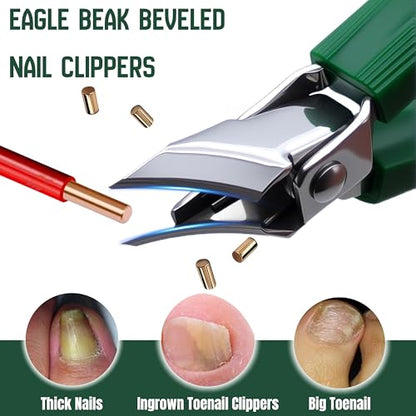 Eagle-Beak Slant Nail Clippers, 3-Piece Set with Wide Mouth to Prevent Splashing. These Angled Clippers Suit ingrown and Thick Nails, Ideal for Men, Women and The Elderly (Green)