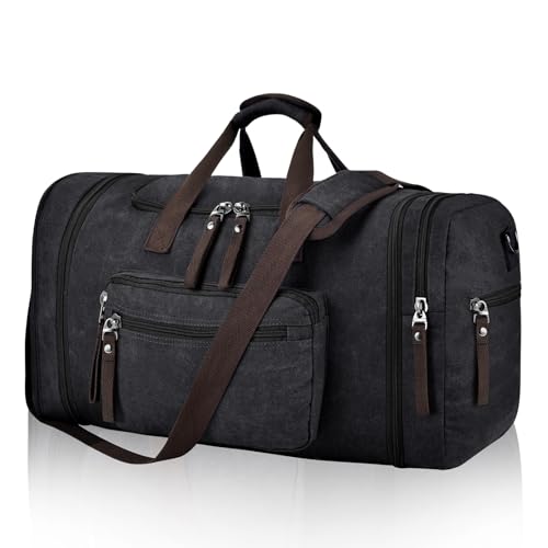 Felipe Varela 40L Canvas Duffle Bag for Men, Travel & Gym Carry on, Black | Lightweight, Expandable, Large Capacity, Water-Repellent, Eco Certified, Travel Duffel Compliant for Overnight & Weekend Trip - color: Black, size: 40L