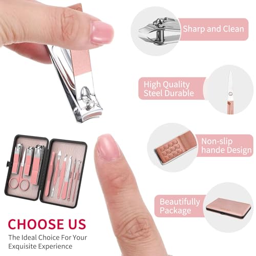 ZIZZON Travel Mini Manicure Set Nail Clipper Set 10 in 1 Stainless Steel Pedicure Care Grooming kit with Case Pink - color: Pink