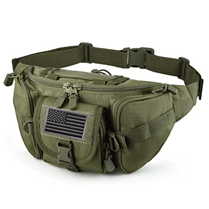 FRTKK Tactical Fanny Pack Military Waist Bag Pack with USA Flag Patch Utility Hip Pack with Adjustable Strap for Outdoors Fishing Cycling Camping Hiking Dog Walking (Army green) - color: Army green