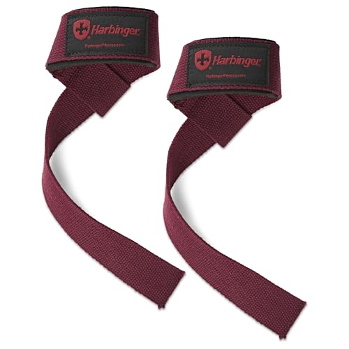 Harbinger Padded Cotton Lifting Straps with NeoTek Cushioned Wrist, 21.5 Inch Length, 1.5 Inch Width, Pair, Weightlifting Wrist Straps for Deadlifts and Strength Training - color: Merlot