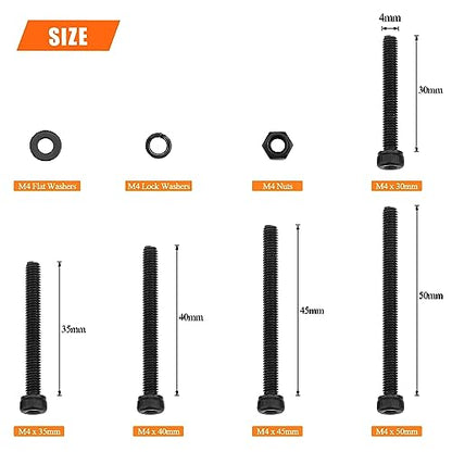 HELIFOUNER 200 Pieces M4 x 30mm /35mm /40mm /45mm /50mm, Hex Socket Head Cap Metric Screws Bolts Washers Nuts Kit, 12.9 Grade Alloy Steel, Fully Threaded, Black - size: M4 x 30/35/40/45/50mm, style: Socket Head